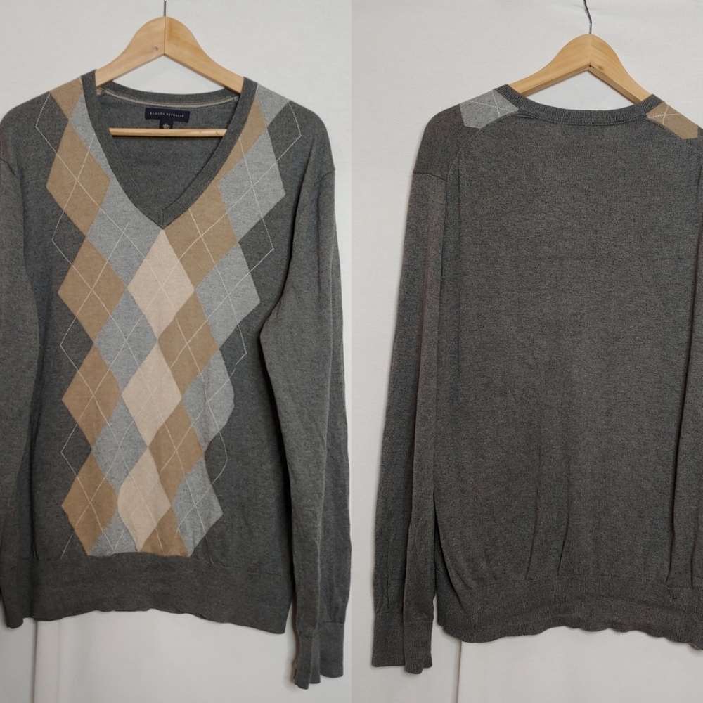 Banana Republic Argyle Pullover Sweater Gray‎ Tan Cream Silk Cotton Cashmere XL